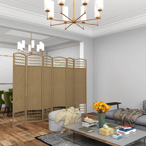 Biombo de 6 Painéis Separador de Ambientes 240x170 cm Divisor de Habitação Dobrável de Corda de Papel e Estrutura de Madeira Decoração para Dormitório Sala de Estar Madeira