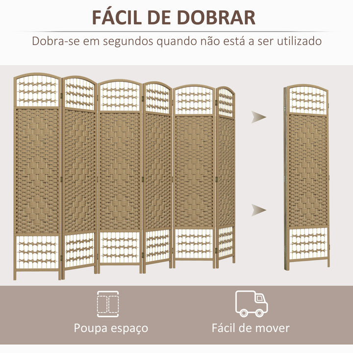 Biombo de 6 Painéis Separador de Ambientes 240x170 cm Divisor de Habitação Dobrável de Corda de Papel e Estrutura de Madeira Decoração para Dormitório Sala de Estar Madeira