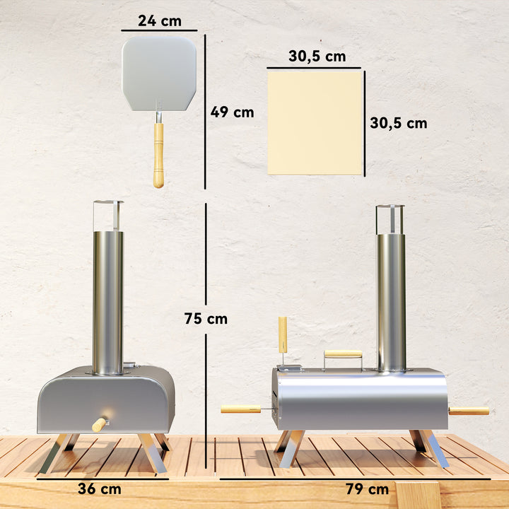 Mini Forno a Lenha para Pizza com Pedra Refratária e Pá Forno para Pizza a Lenha em Aço Inoxidável com Pés Dobráveis e Pegas para Campismo e Exterior 79x36x75 cm Prata