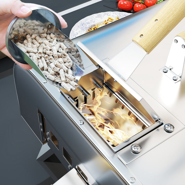 Mini Forno a Lenha para Pizza com Pedra Refratária e Pá Forno para Pizza a Lenha em Aço Inoxidável com Pés Dobráveis e Pegas para Campismo e Exterior 79x36x75 cm Prata