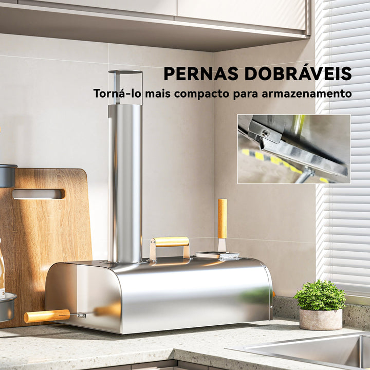 Mini Forno a Lenha para Pizza com Pedra Refratária e Pá Forno para Pizza a Lenha em Aço Inoxidável com Pés Dobráveis e Pegas para Campismo e Exterior 79x36x75 cm Prata