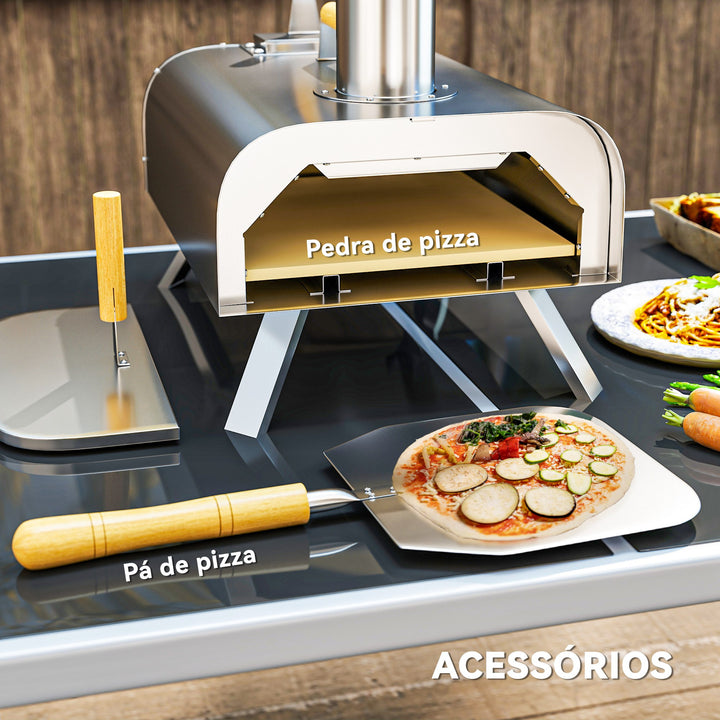 Mini Forno a Lenha para Pizza com Pedra Refratária e Pá Forno para Pizza a Lenha em Aço Inoxidável com Pés Dobráveis e Pegas para Campismo e Exterior 79x36x75 cm Prata