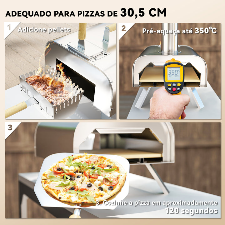 Mini Forno a Lenha para Pizza com Pedra Refratária e Pá Forno para Pizza a Lenha em Aço Inoxidável com Pés Dobráveis e Pegas para Campismo e Exterior 79x36x75 cm Prata