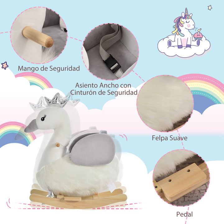 Cavalo de balanço para bebê acima de 18 meses em forma de cisne com som 60x33x59 branco e cinza
