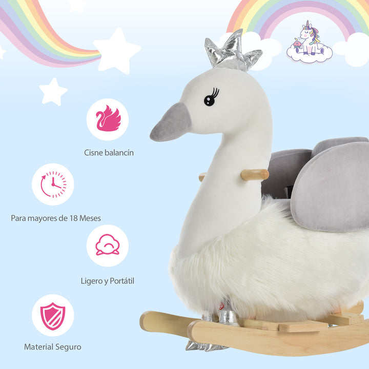 Cavalo de balanço para bebê acima de 18 meses em forma de cisne com som 60x33x59 branco e cinza