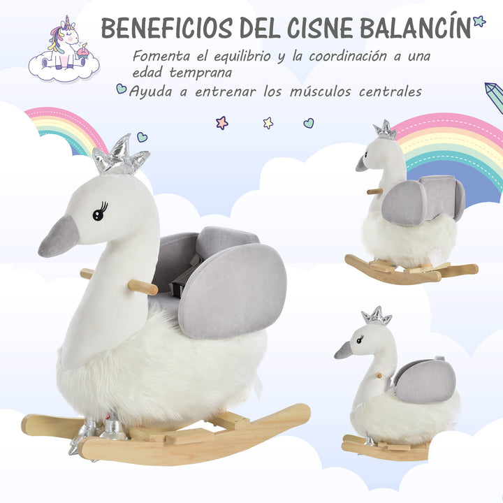 Cavalo de balanço para bebê acima de 18 meses em forma de cisne com som 60x33x59 branco e cinza