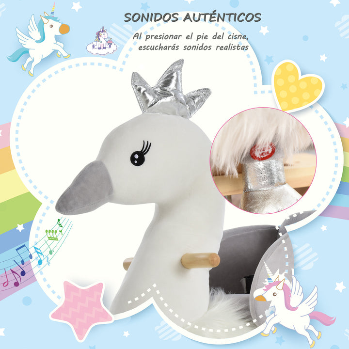 Cavalo de balanço para bebê acima de 18 meses em forma de cisne com som 60x33x59 branco e cinza
