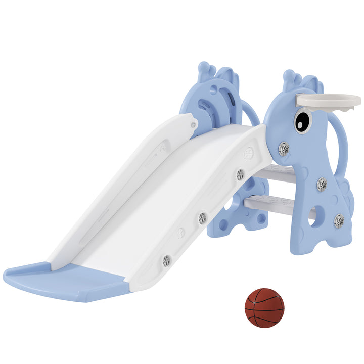 Escorrega Infantil 3 em 1 Escorrega para Crianças de 1 a 3 Anos com Escada Tabela de Basquetebol e Desenho de Girafa para Interior 106x51,5x52 cm Azul Claro