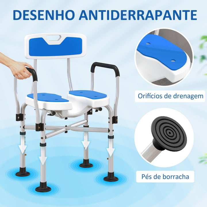 Assento de Duche para Pessoas Idosas Assento de Duche com Assento Ranhurado Altura Ajustável Banco de Duche Antiderrapante com Encosto e Apoio para os Braços Carga 136 kg Azul