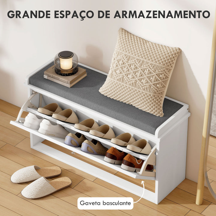 Banco Sapateira Moderno Móvel Sapateira com Banco de Madeira com Prateleiras Ajustáveis e Almofada Acolchoada para 8 Pares de Sapatos para Entrada Corredor 80x26x44,5 cm Branco