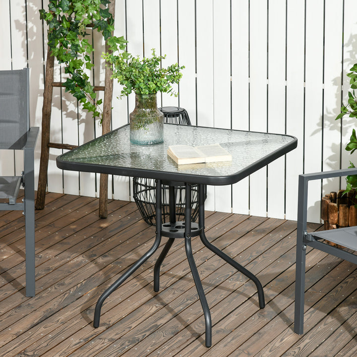 Mesa de Jardim Quadrada Mesa de Exterior 76x76x72 cm com Orifício para Chapéu de Sol e Tampo de Vidro Temperado para Pátio Terraço Preto