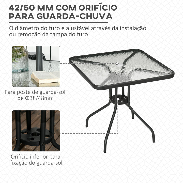 Mesa de Jardim Quadrada Mesa de Exterior 76x76x72 cm com Orifício para Chapéu de Sol e Tampo de Vidro Temperado para Pátio Terraço Preto