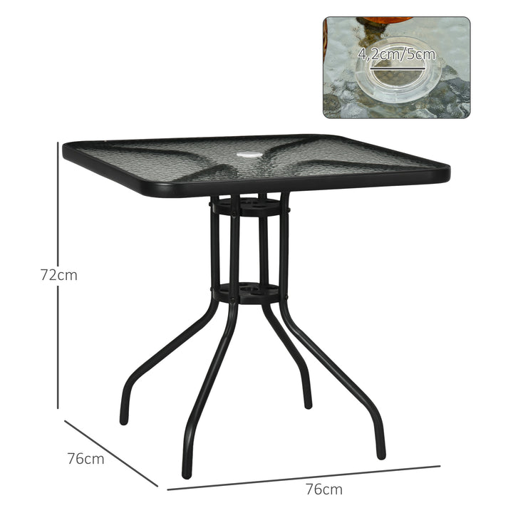 Mesa de Jardim Quadrada Mesa de Exterior 76x76x72 cm com Orifício para Chapéu de Sol e Tampo de Vidro Temperado para Pátio Terraço Preto