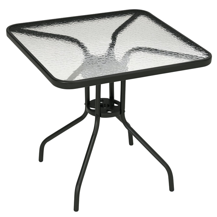 Mesa de Jardim Quadrada Mesa de Exterior 76x76x72 cm com Orifício para Chapéu de Sol e Tampo de Vidro Temperado para Pátio Terraço Preto