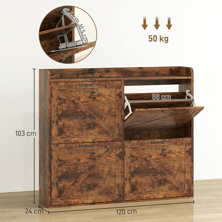 Sapateira de 4 Portas Móvel Sapateira Estreita com Prateleiras Ajustáveis Estilo Industrial para 24 Pares de Sapatos Móvel Auxiliar para Entrada 120x24x103 cm Castanho Rústico