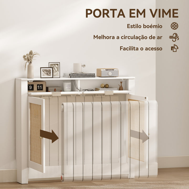 Cobertura para Radiador com Portas Rebatíveis e Vime Proteção Radiador de MDF 111x19x95,5 cm com Compartimento Desenho Boémio para Sala Quarto Branco