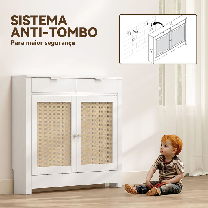Cobertura para Radiador com Portas Rebatíveis e Vime Proteção Radiador de MDF 111x19x95,5 cm com Compartimento Desenho Boémio para Sala Quarto Branco