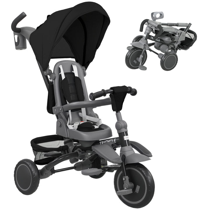 Triciclo Evolutivo 6 em 1 Triciclo para Bebés Dobrável 1-5 Anos Assento Giratório de 360° Guidão Encosto Reclinável Toldo Cinto de Segurança Cesto, Apoio para Pés 111,5x52x98 cm Preto
