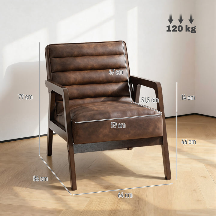 Poltrona Vintage Estofada em Couro Sintético com Almofada Espessa Estrutura em Madeira Maciça para Sala ou Quarto 64x79,5x80 cm Castanho