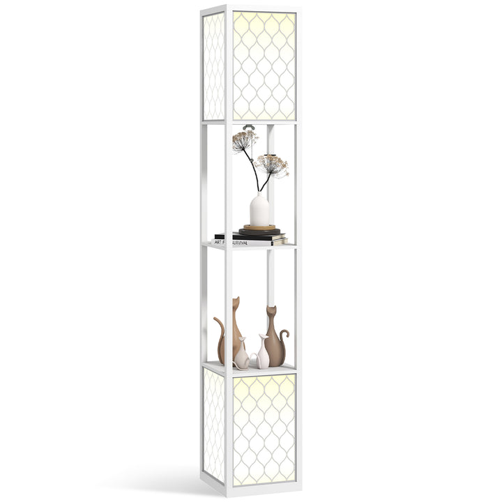 Candeeiro de Pé de Madeira Candeeiro de Pé com Estantes Lâmpada E27 Máx. 40W com Interruptor para Sala de Estar Dormitório Escritório 26x26x156 cm Branco