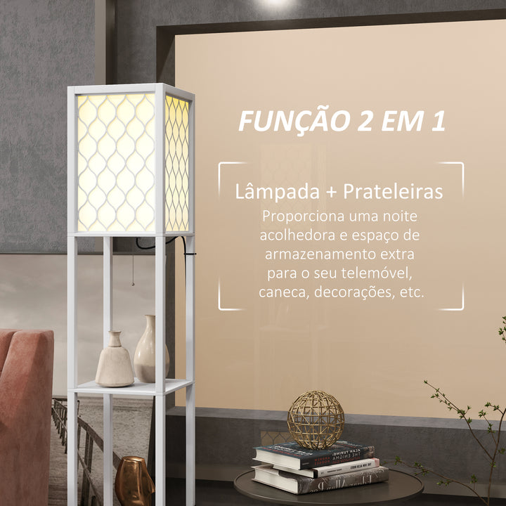 Candeeiro de Pé de Madeira Candeeiro de Pé com Estantes Lâmpada E27 Máx. 40W com Interruptor para Sala de Estar Dormitório Escritório 26x26x156 cm Branco
