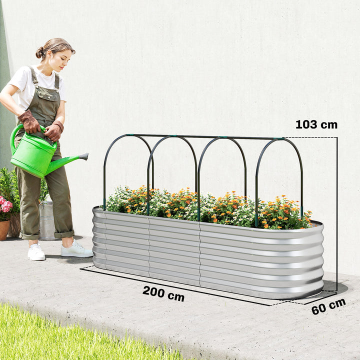Caixa de Plantio Exterior Grande com Cobertura de Estufa e Rede Caixa de Cultivo de Aço Galvanizado com Fundo Aberto Resistente às Intempéries, para Jardim Terraço 200x60x103 cm Prateado