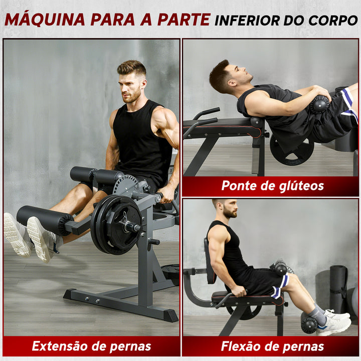 Máquina de Extensão e Flexão de Pernas Ajustável com Carga de Discos para Treino de Glúteos Coxas e Panturrilhas para Ginásio em Casa