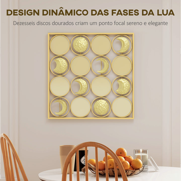 Decoração de Parede Metálica de Fases Lunares Adornos Metálicos Multidirecionais com 16 Discos para Sala Quarto Corredor 67,9x67,9 Dourado