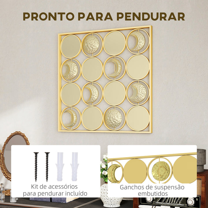 Decoração de Parede Metálica de Fases Lunares Adornos Metálicos Multidirecionais com 16 Discos para Sala Quarto Corredor 67,9x67,9 Dourado