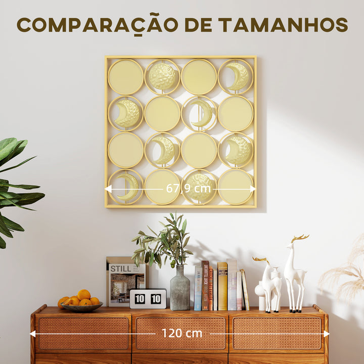 Decoração de Parede Metálica de Fases Lunares Adornos Metálicos Multidirecionais com 16 Discos para Sala Quarto Corredor 67,9x67,9 Dourado