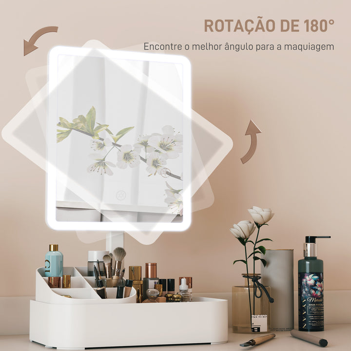Espelho de Maquilhagem com Luz LED Espelho de Toucador Recarregável com 2 Modos de Iluminação Rotação de 180° Brilho Ajustável Compartimentos Interruptor Tátil para Cuidado da Pele 22x13,8x38 cm Branco