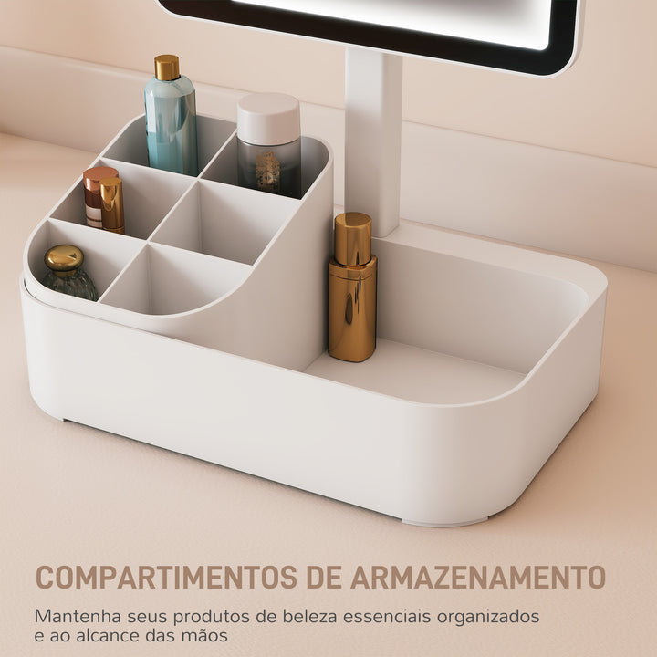 Espelho de Maquilhagem com Luz LED Espelho de Toucador Recarregável com 2 Modos de Iluminação Rotação de 180° Brilho Ajustável Compartimentos Interruptor Tátil para Cuidado da Pele 22x13,8x38 cm Branco