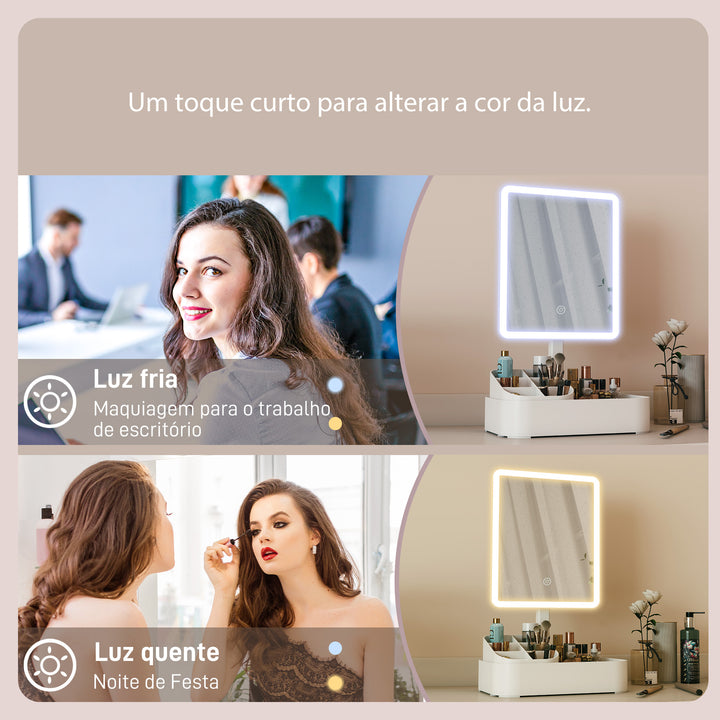 Espelho de Maquilhagem com Luz LED Espelho de Toucador Recarregável com 2 Modos de Iluminação Rotação de 180° Brilho Ajustável Compartimentos Interruptor Tátil para Cuidado da Pele 22x13,8x38 cm Branco