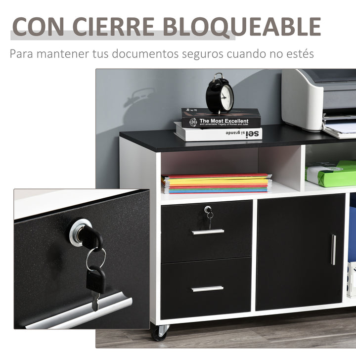 Armário Auxiliar multiusos de Escritório para Impressora com Prateleiras e Gavetas Grande Arrumação 100x35x65 cm Preto e Branco