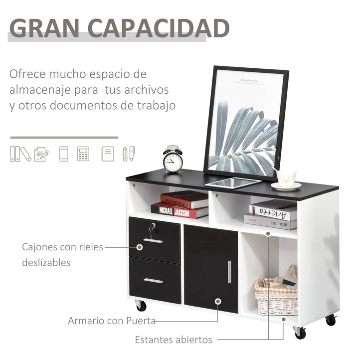 Armário Auxiliar multiusos de Escritório para Impressora com Prateleiras e Gavetas Grande Arrumação 100x35x65 cm Preto e Branco