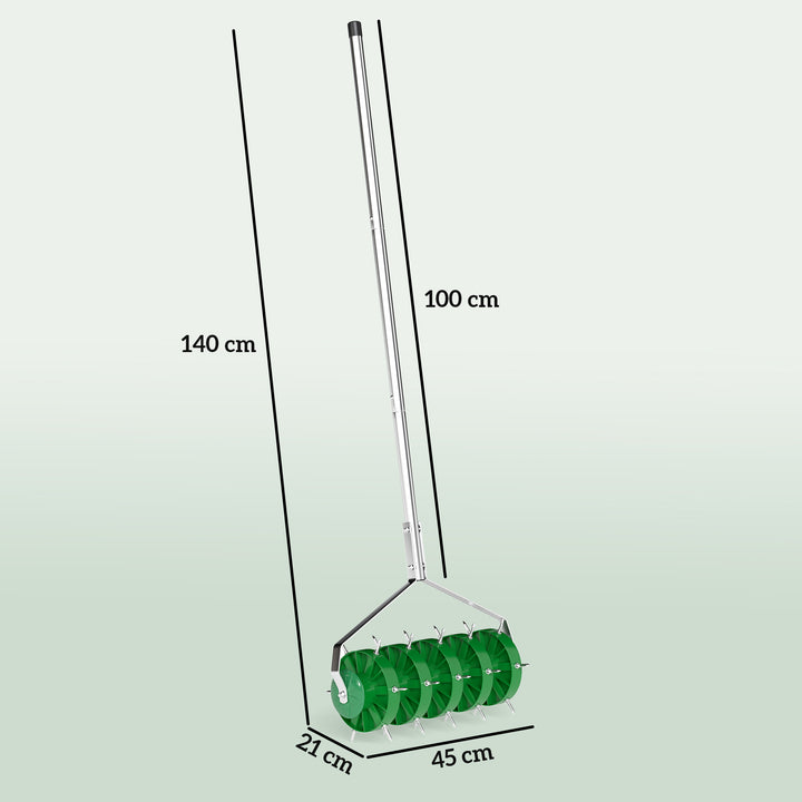 Rolo Aireador de Relva Aireador de Relva Manual com Pontas e Cabo Desmontável de 100 cm em Três Peças para Soltar o Solo para Jardim Pátio 45x21x140 cm Verde Escuro