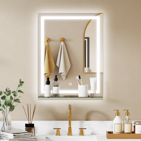 Espelho de Casa de Banho com Luzes LED 60x80 cm Espelho de Parede 3 Cores de Luz Brilho Ajustável Prateleira de Vidro Função de Memória Interruptor Tátil IP44 Vertical Prata