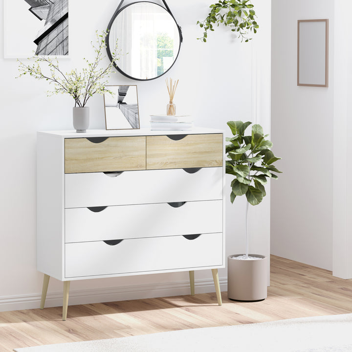 Cómoda com 5 Gavetas Cómoda de Quarto com Pés de Madeira Cómoda para Sala Escritório Estilo Nórdico 99x39x101 cm Branco e Carvalho