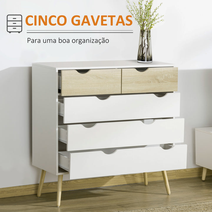 Cómoda com 5 Gavetas Cómoda de Quarto com Pés de Madeira Cómoda para Sala Escritório Estilo Nórdico 99x39x101 cm Branco e Carvalho