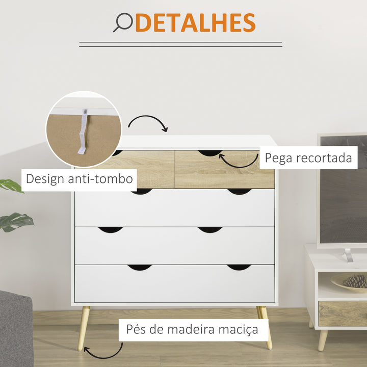 Cómoda com 5 Gavetas Cómoda de Quarto com Pés de Madeira Cómoda para Sala Escritório Estilo Nórdico 99x39x101 cm Branco e Carvalho
