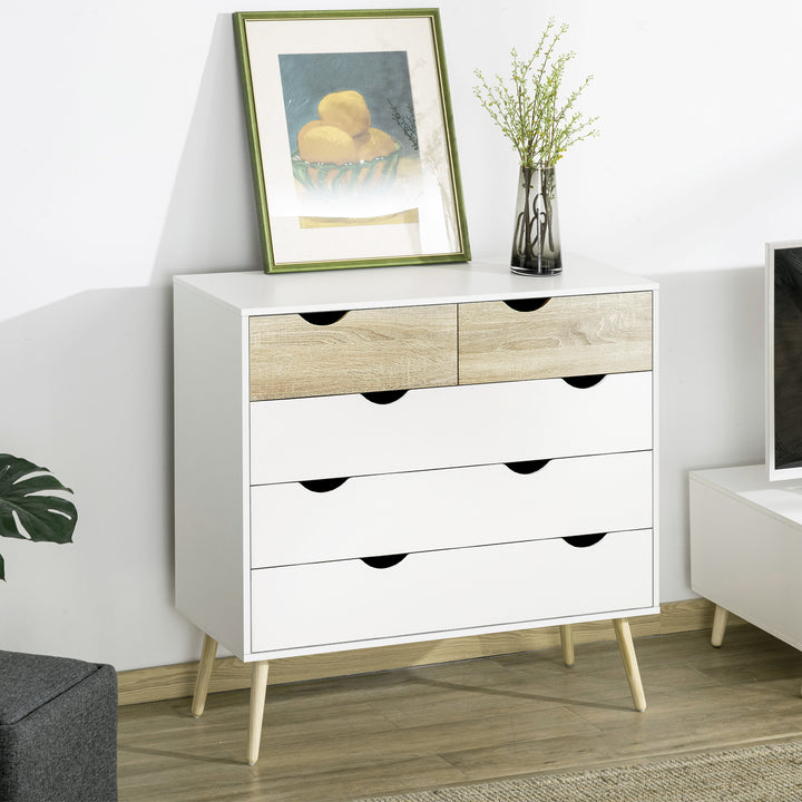 Cómoda com 5 Gavetas Cómoda de Quarto com Pés de Madeira Cómoda para Sala Escritório Estilo Nórdico 99x39x101 cm Branco e Carvalho