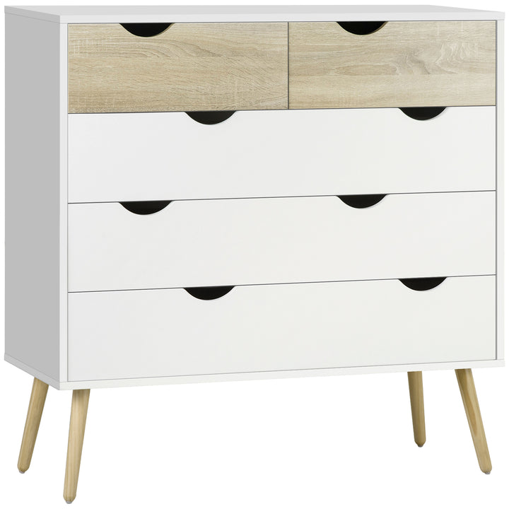Cómoda com 5 Gavetas Cómoda de Quarto com Pés de Madeira Cómoda para Sala Escritório Estilo Nórdico 99x39x101 cm Branco e Carvalho