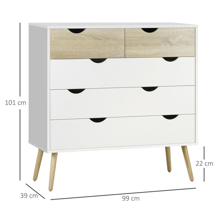 Cómoda com 5 Gavetas Cómoda de Quarto com Pés de Madeira Cómoda para Sala Escritório Estilo Nórdico 99x39x101 cm Branco e Carvalho