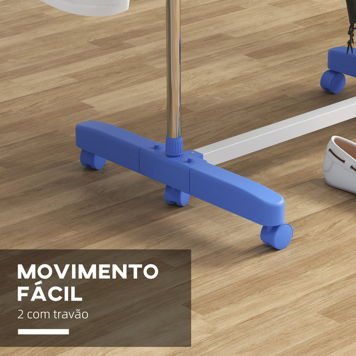 Estendal para Roupa Dobrável 80x55x152cm com 6 Rodas e 3 Prateleiras com Altura Ajustável de Aço Inoxidável Prata e Azul