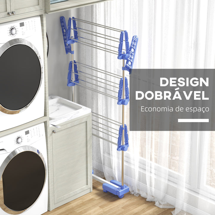 Estendal para Roupa Dobrável 80x55x152cm com 6 Rodas e 3 Prateleiras com Altura Ajustável de Aço Inoxidável Prata e Azul