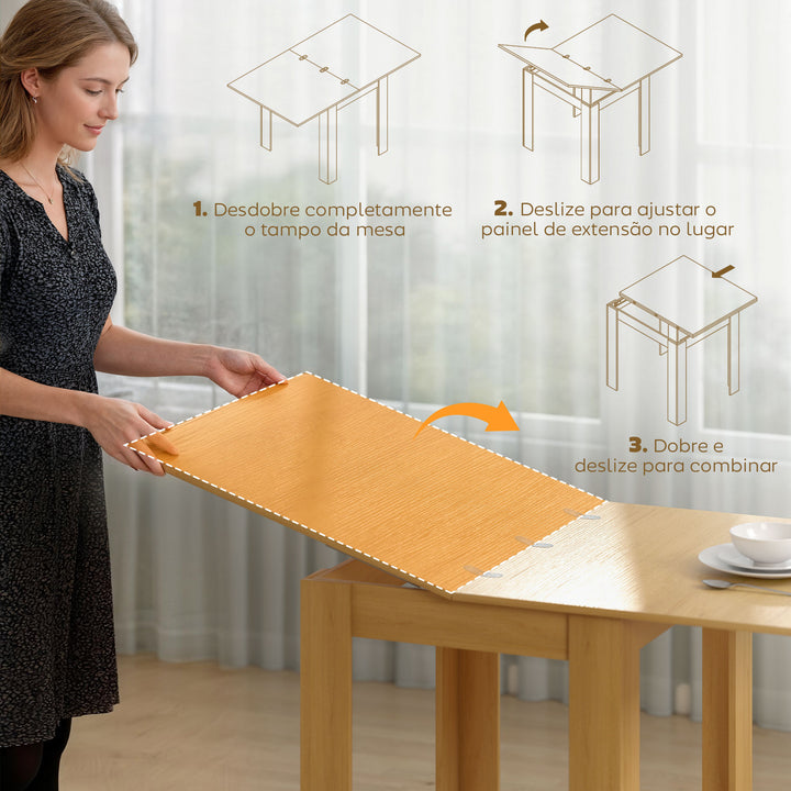 Mesa de Refeição Extensível 70-140x80 cm Mesa de Cozinha Extensível para 4-6 Pessoas com Puxador de PU e Almofadas de Feltro para Espaços Pequenos Sala de Estar Madeira