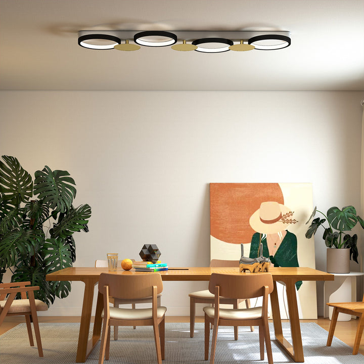 Candeeiro de Teto Regulável com 4 Focos Candeeiro LED de Teto com Controlo Remoto Modos de Cena 1500 lm 38 W, 3000 K-6500 K para Sala de Estar Quarto Escritório 100x31x7 cm Preto e Dourado