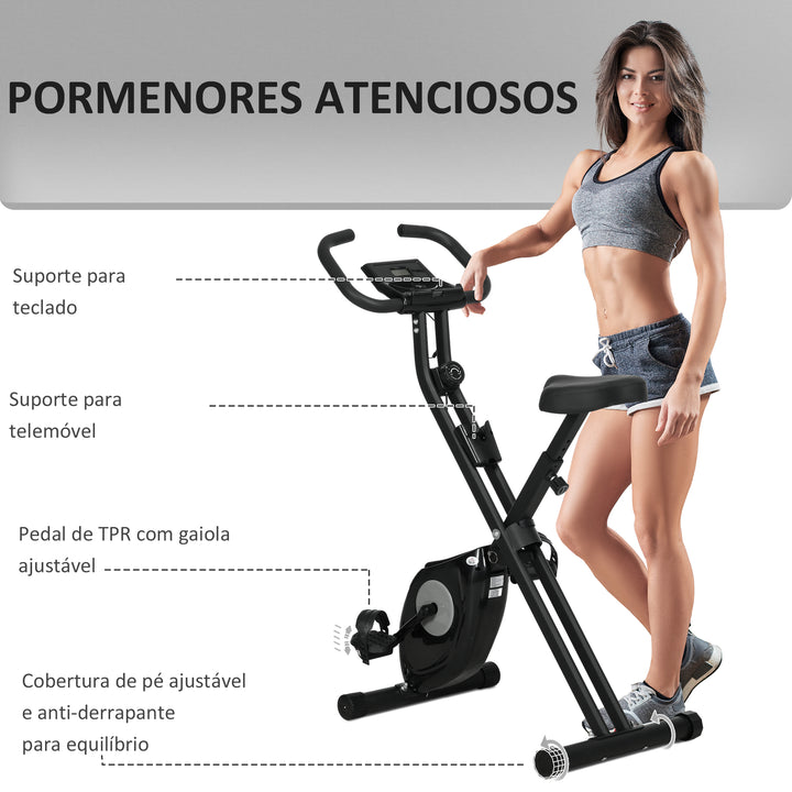 Bicicleta Estática Dobrável com 8 Níveis de Resistência Magnética Bicicleta de Exercício Fitness com Ecrã LCD e Assento Regulável para Casa Escritório 43x85x109 cm Preto