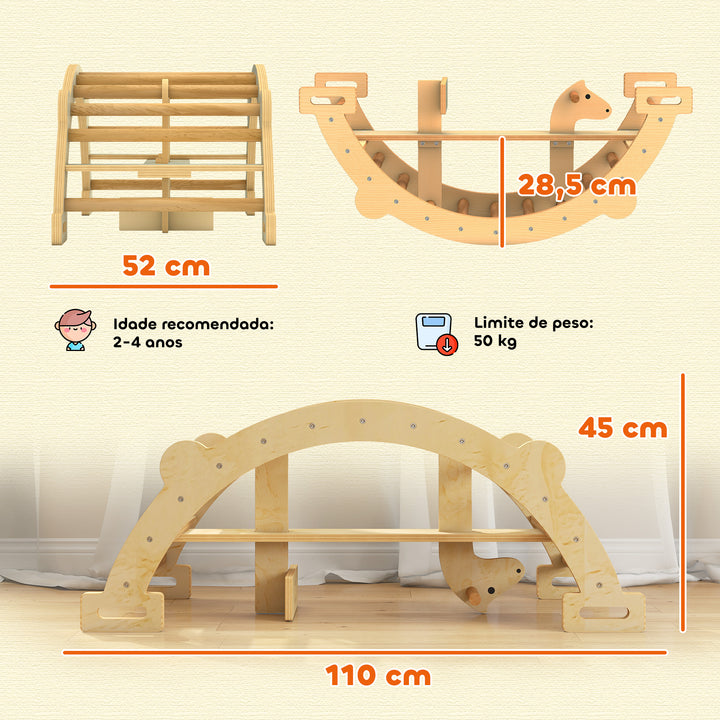 Arco de Escalada 2 em 1 de Madeira e Baloiço Montessori Brinquedo Educativo Interior para Crianças de 2-4 Anos 110x52 cm Madeira
