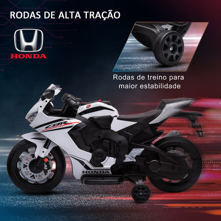 Mota Elétrica com Licença HONDA para Crianças de 3-5 Anos Mota a Bateria 6V com Farol Buzina Música e Rodas Auxiliares Removíveis Carga Máxima 30kg 90x44x52cm Branco
